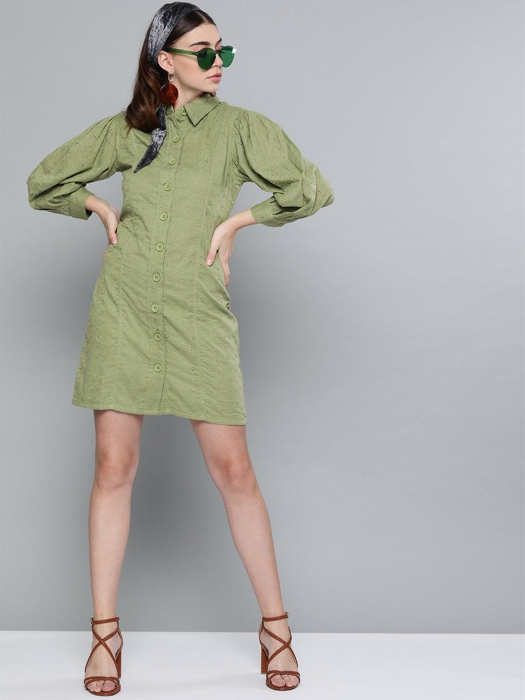 Women's Olive Schiffli Shirt Dress - SASSAFRAS - Indiakreations