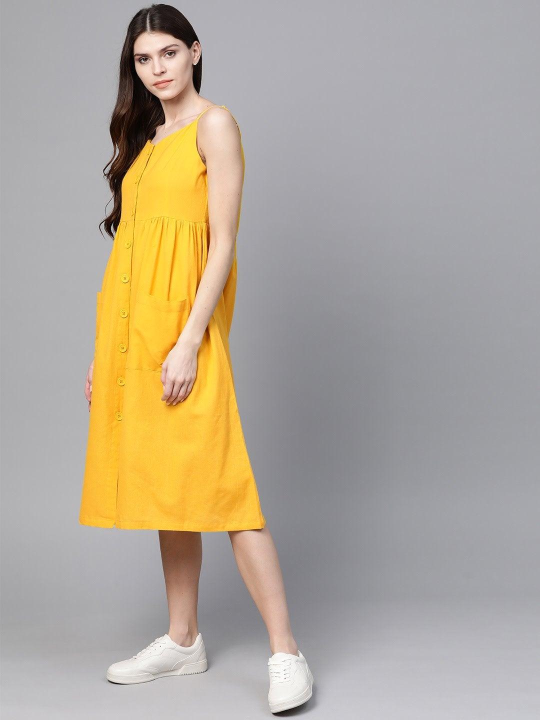 Women's Yellow Front Open Strappy Dress - SASSAFRAS - Indiakreations