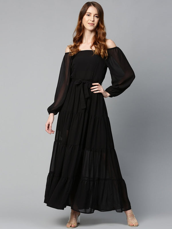 Women's Black Square Neck Tiered Maxi Dress - SASSAFRAS