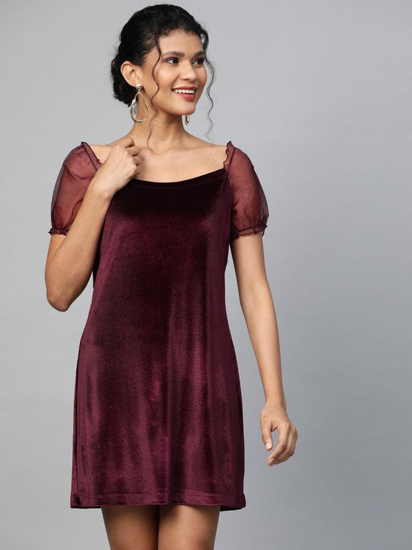 Women's Burgundy Velvet Puff Sleeve Short Dress - SASSAFRAS - Indiakreations