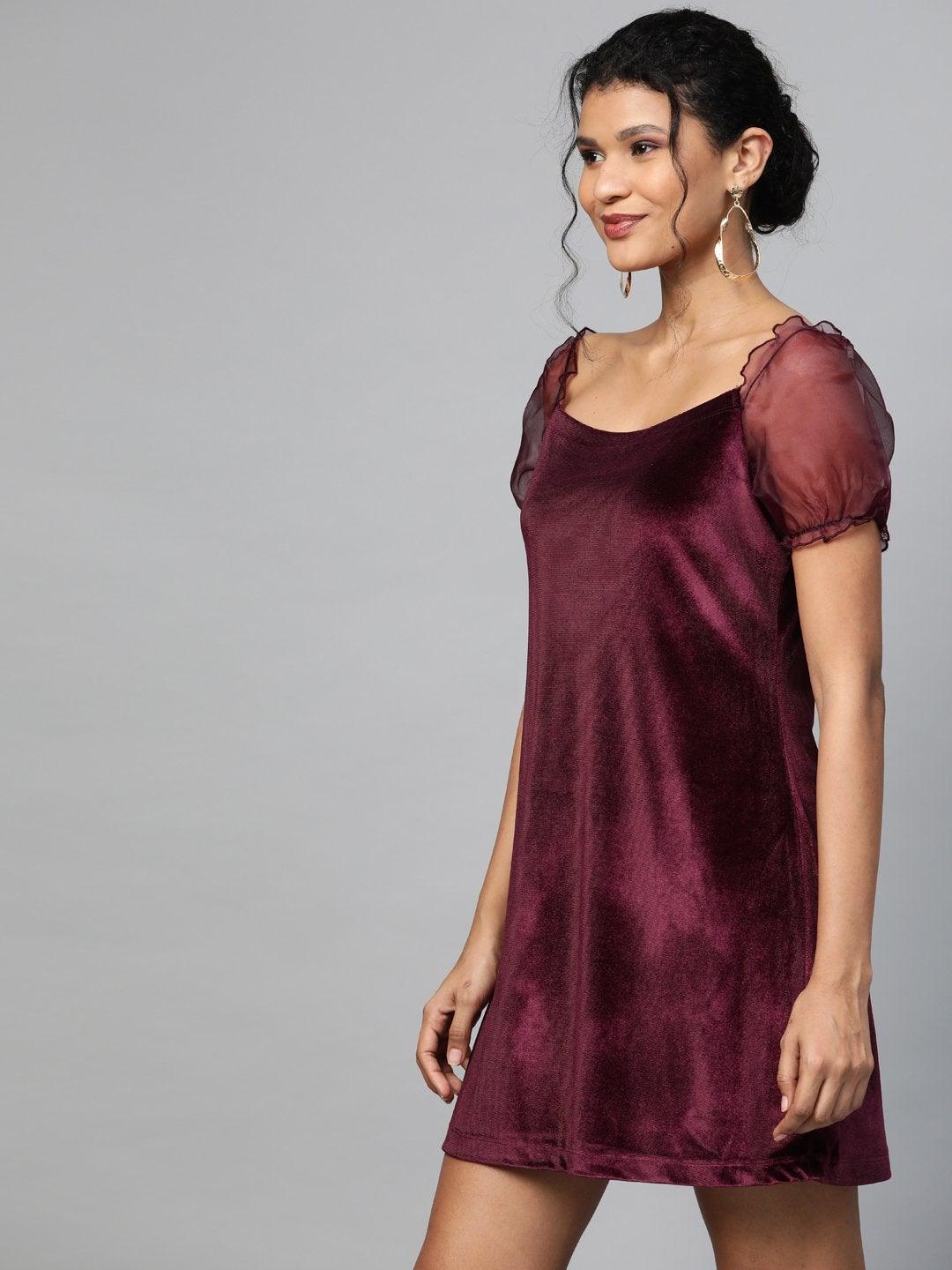 Women's Burgundy Velvet Puff Sleeve Short Dress - SASSAFRAS - Indiakreations