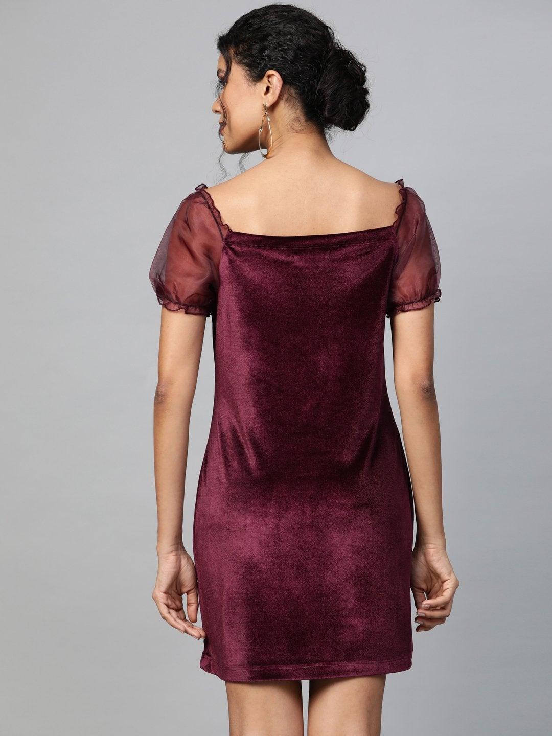 Women's Burgundy Velvet Puff Sleeve Short Dress - SASSAFRAS - Indiakreations