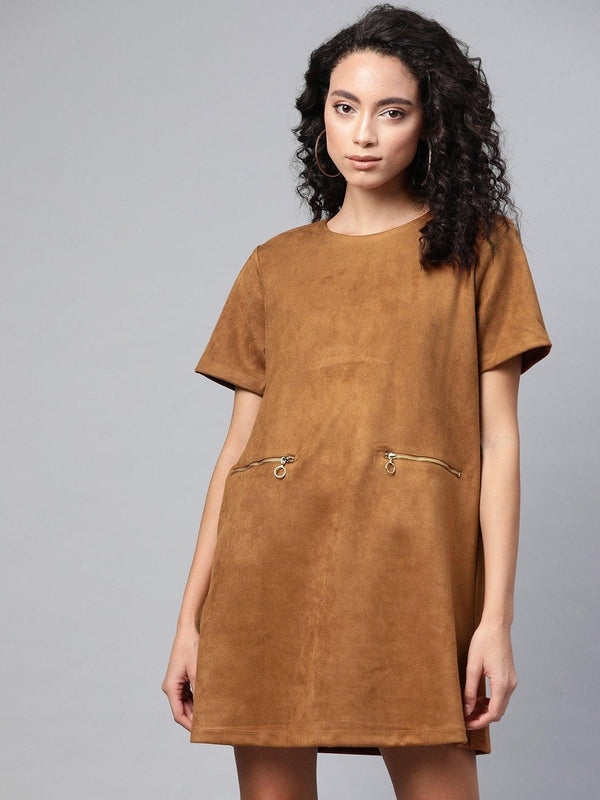 Women's Brown Suede A-Line Dress - SASSAFRAS - Indiakreations