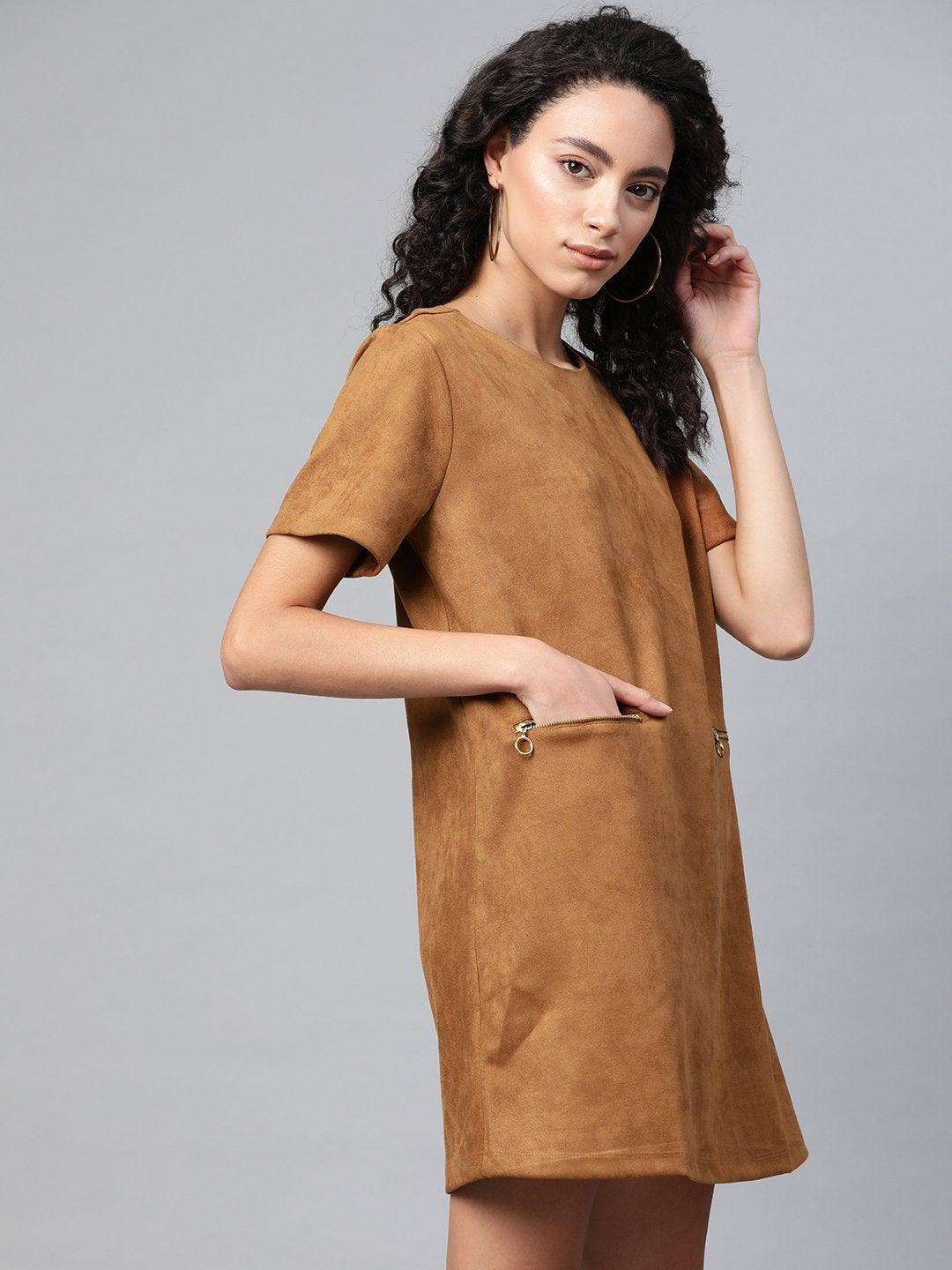 Women's Brown Suede A-Line Dress - SASSAFRAS - Indiakreations