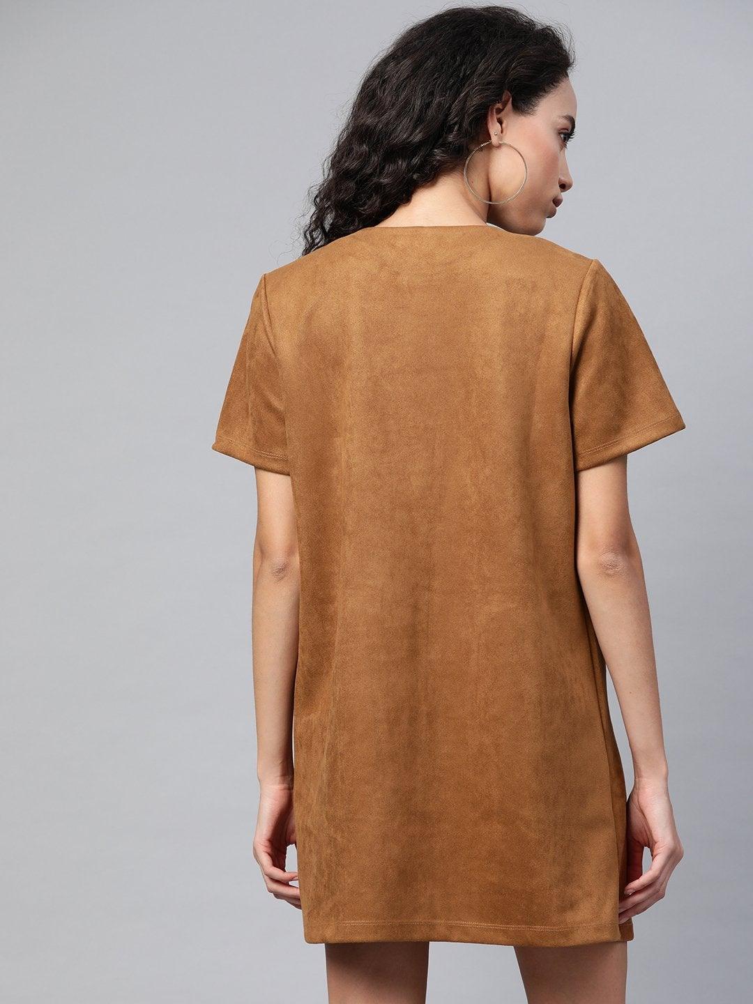 Women's Brown Suede A-Line Dress - SASSAFRAS - Indiakreations