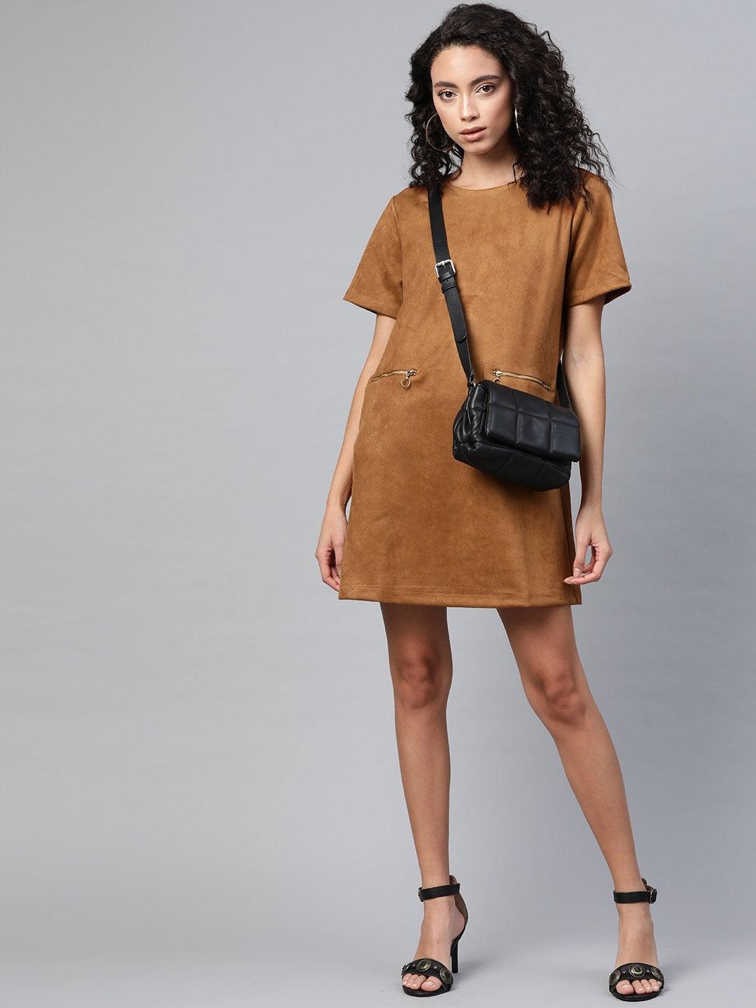 Women's Brown Suede A-Line Dress - SASSAFRAS - Indiakreations