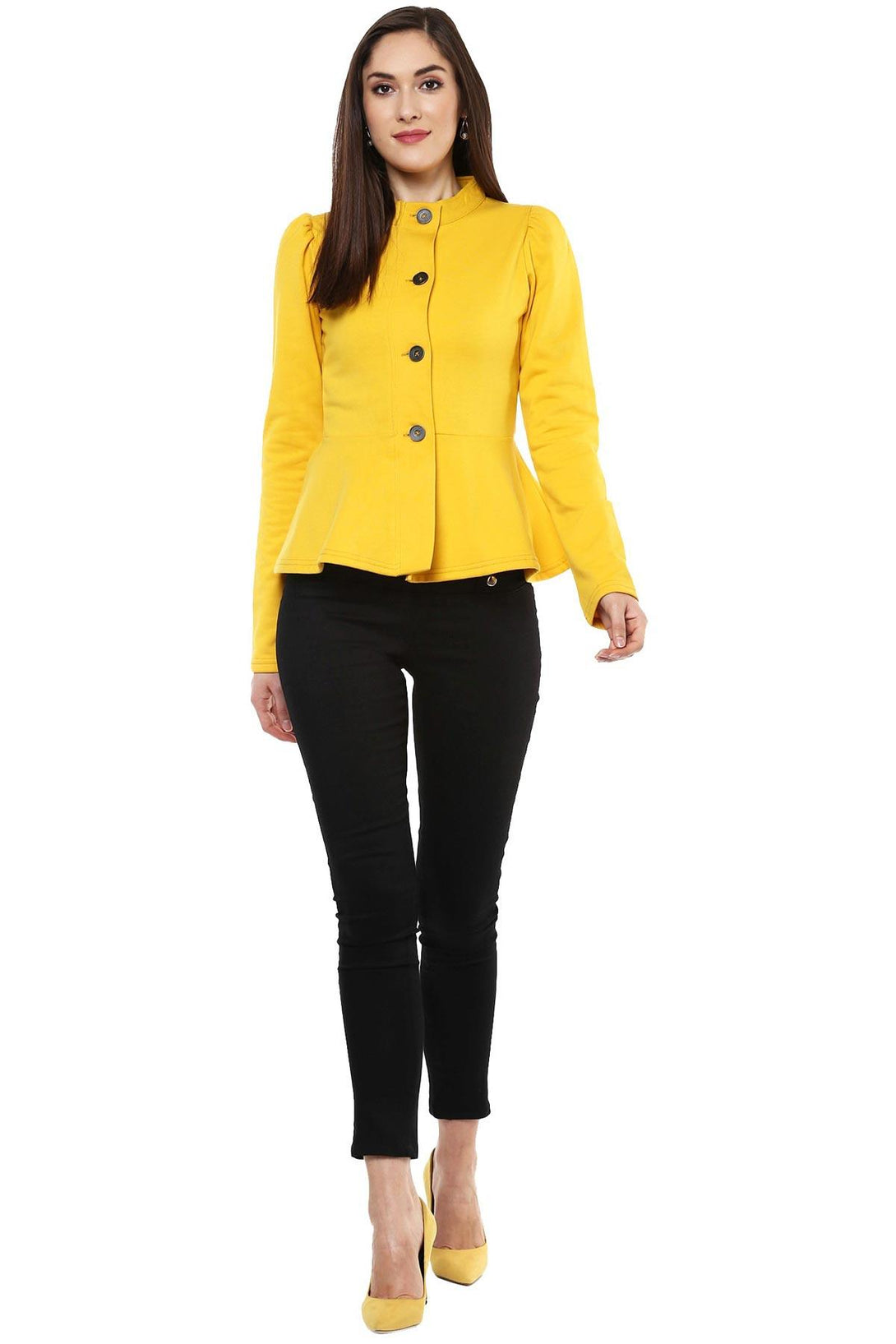 Women's Mustard Fleece Peplum Jacket - SASSAFRAS - Indiakreations