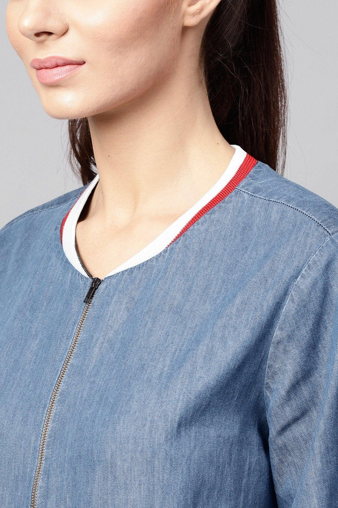 Women's Blue Denim Striped Rib Bomber Jacket - SASSAFRAS - Indiakreations