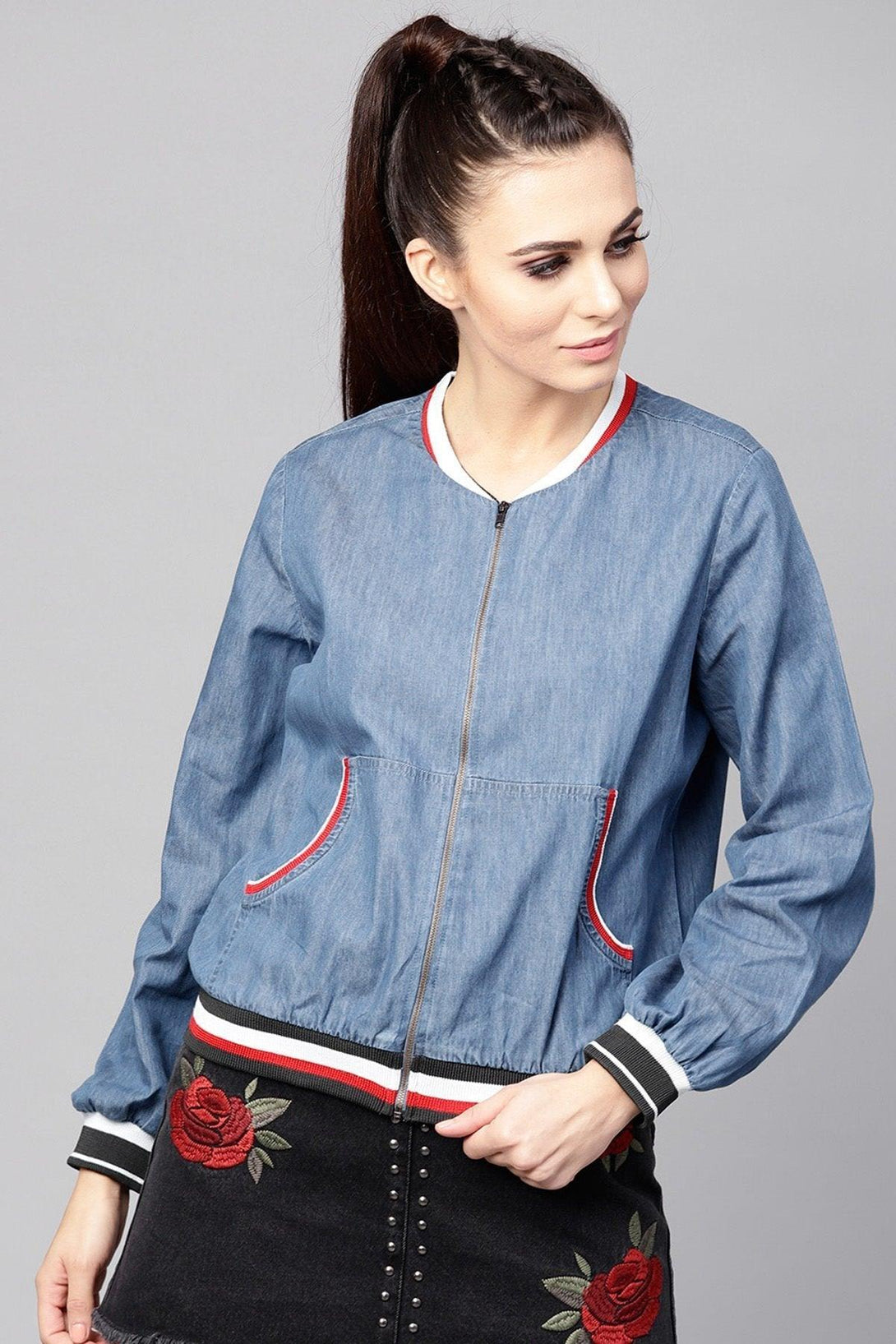 Women's Blue Denim Striped Rib Bomber Jacket - SASSAFRAS - Indiakreations