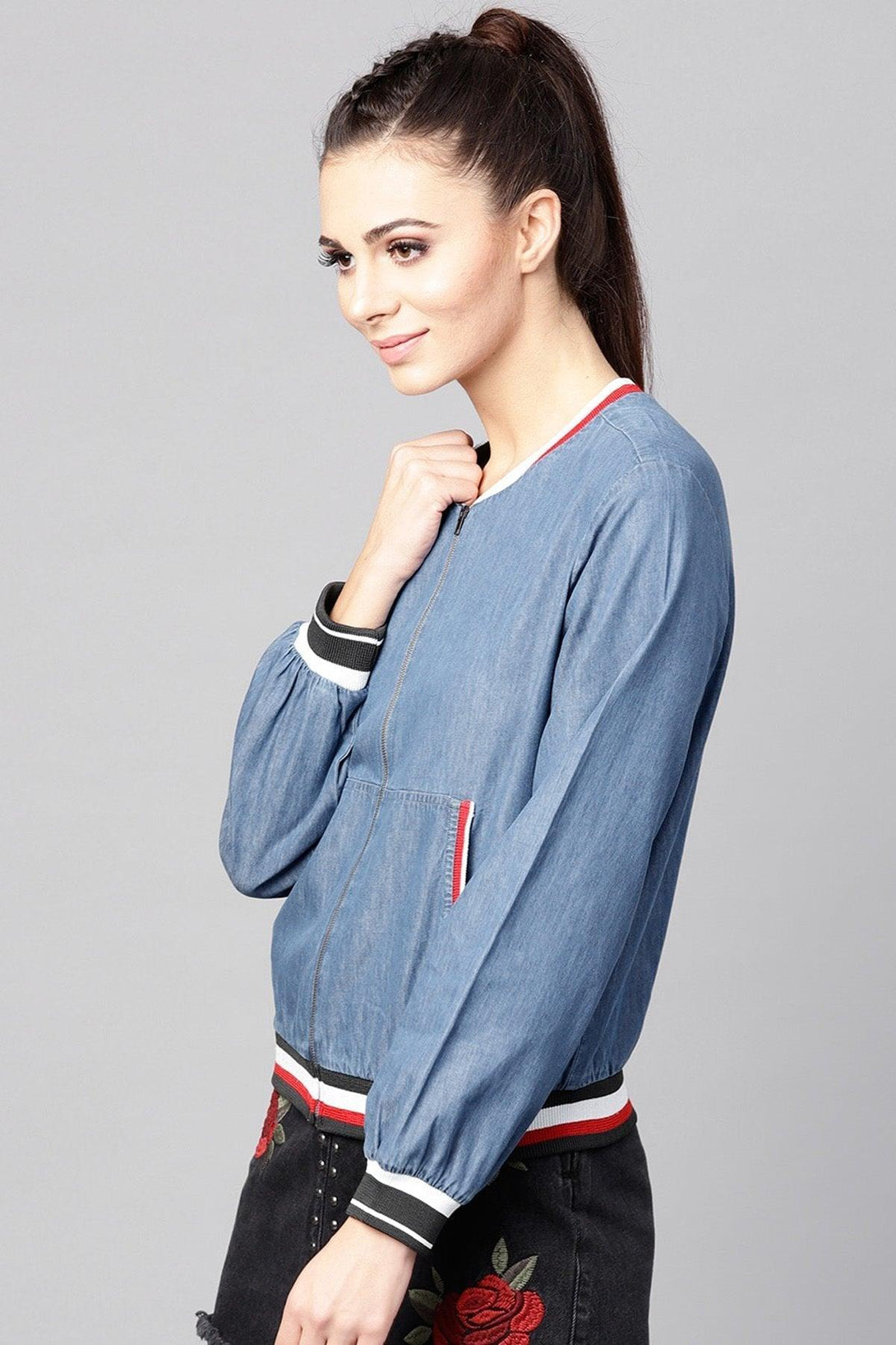 Women's Blue Denim Striped Rib Bomber Jacket - SASSAFRAS - Indiakreations