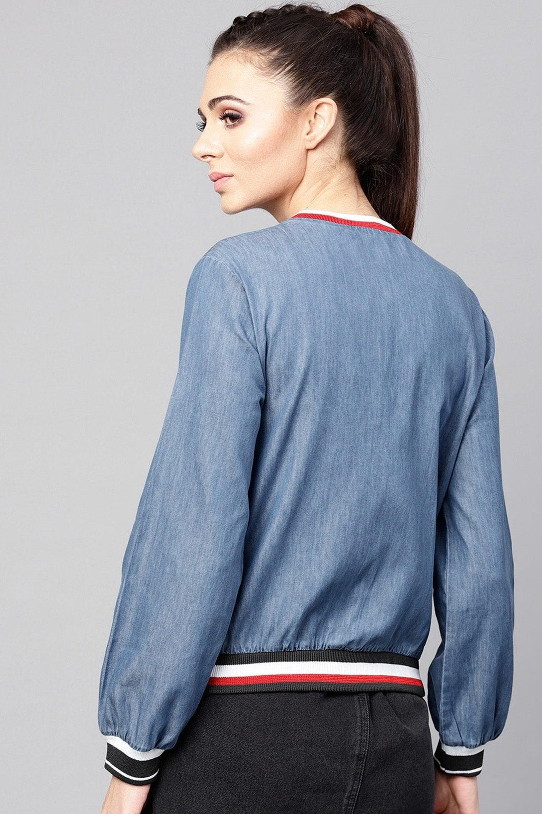 Women's Blue Denim Striped Rib Bomber Jacket - SASSAFRAS - Indiakreations