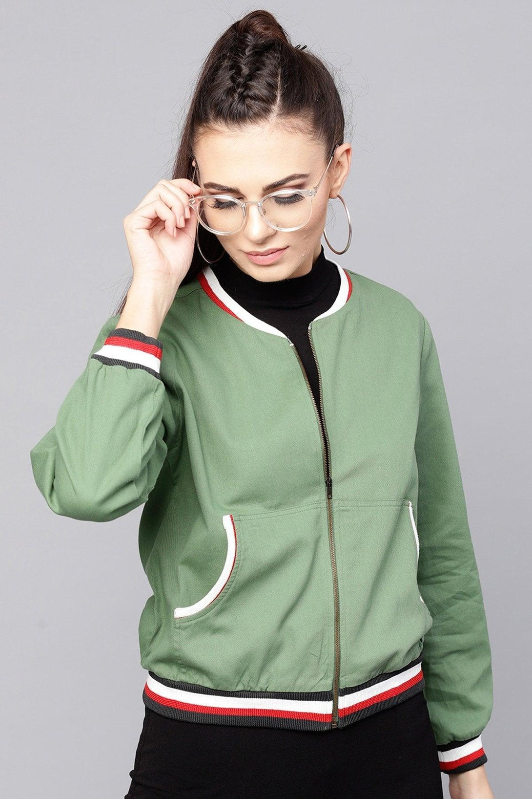 Women's Olive Denim Striped Rib Bomber Jacket - SASSAFRAS - Indiakreations