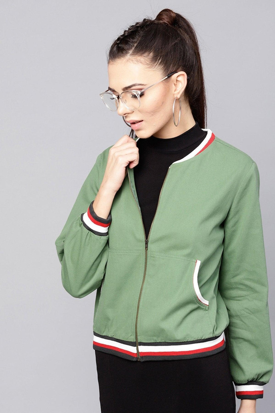 Women's Olive Denim Striped Rib Bomber Jacket - SASSAFRAS - Indiakreations