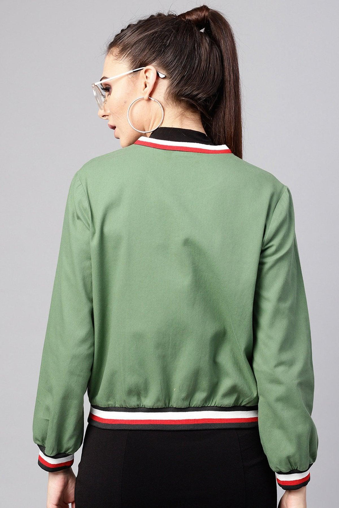 Women's Olive Denim Striped Rib Bomber Jacket - SASSAFRAS - Indiakreations