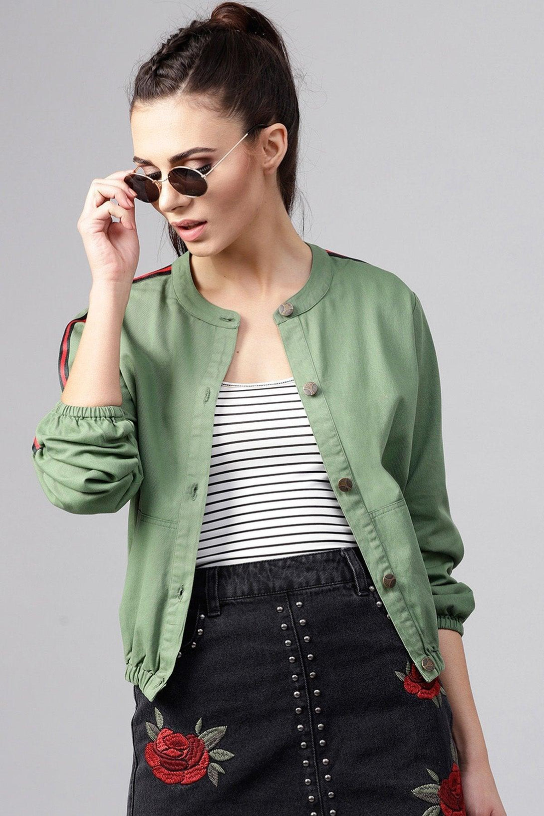 Women's Olive Denim Bomber Sleeve Tape Jacket - SASSAFRAS - Indiakreations