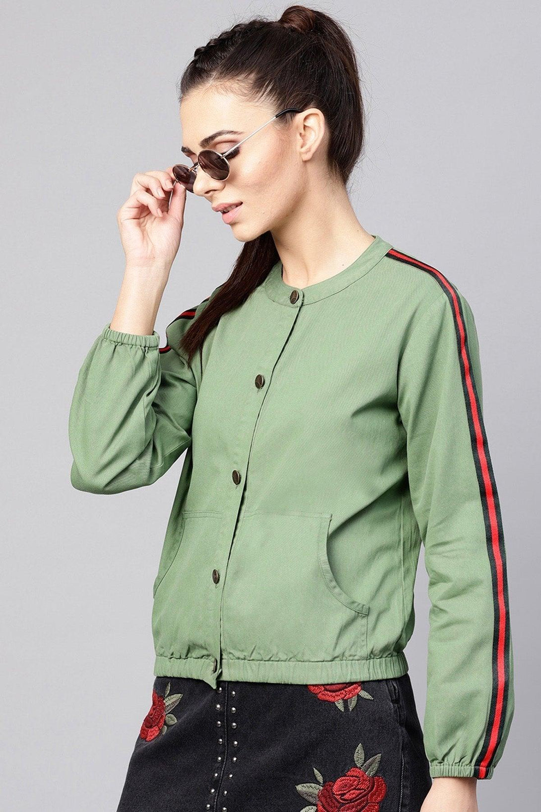 Women's Olive Denim Bomber Sleeve Tape Jacket - SASSAFRAS - Indiakreations