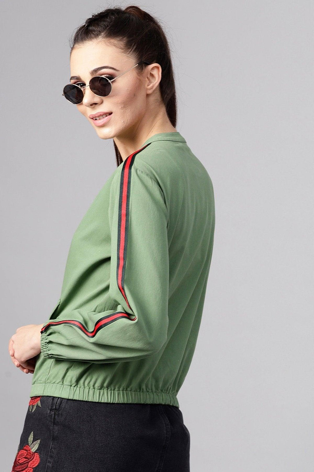 Women's Olive Denim Bomber Sleeve Tape Jacket - SASSAFRAS - Indiakreations