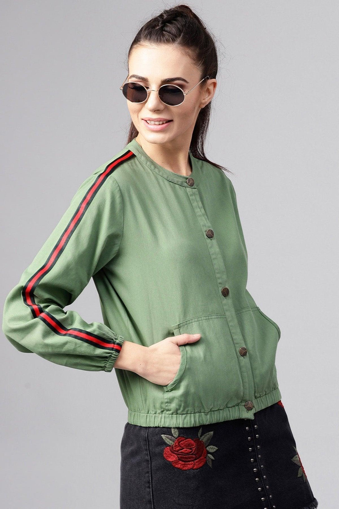 Women's Olive Denim Bomber Sleeve Tape Jacket - SASSAFRAS - Indiakreations