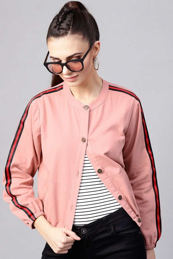 Women's Pink Denim Bomber Sleeve Tape Jacket - SASSAFRAS