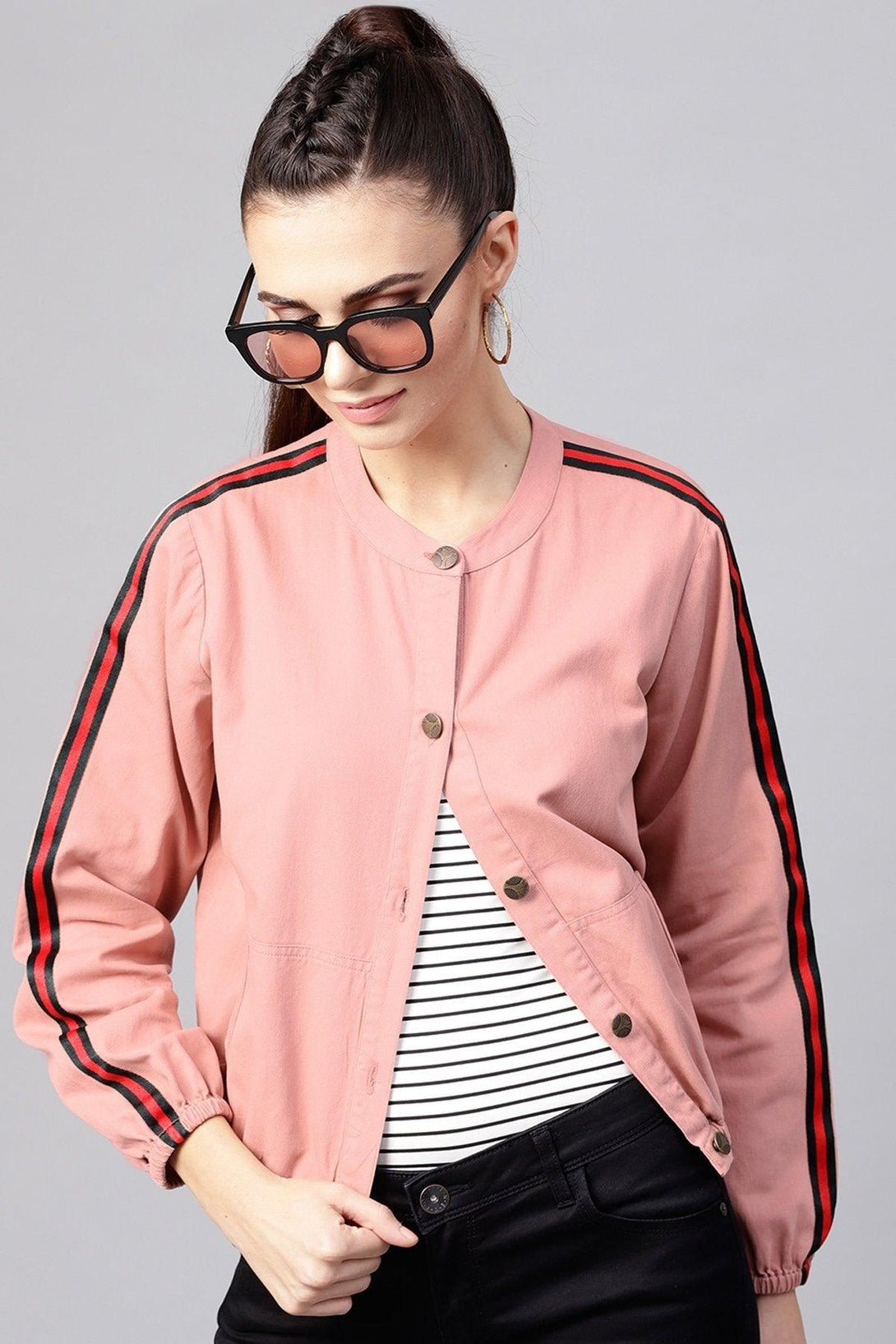 Women's Pink Denim Bomber Sleeve Tape Jacket - SASSAFRAS - Indiakreations