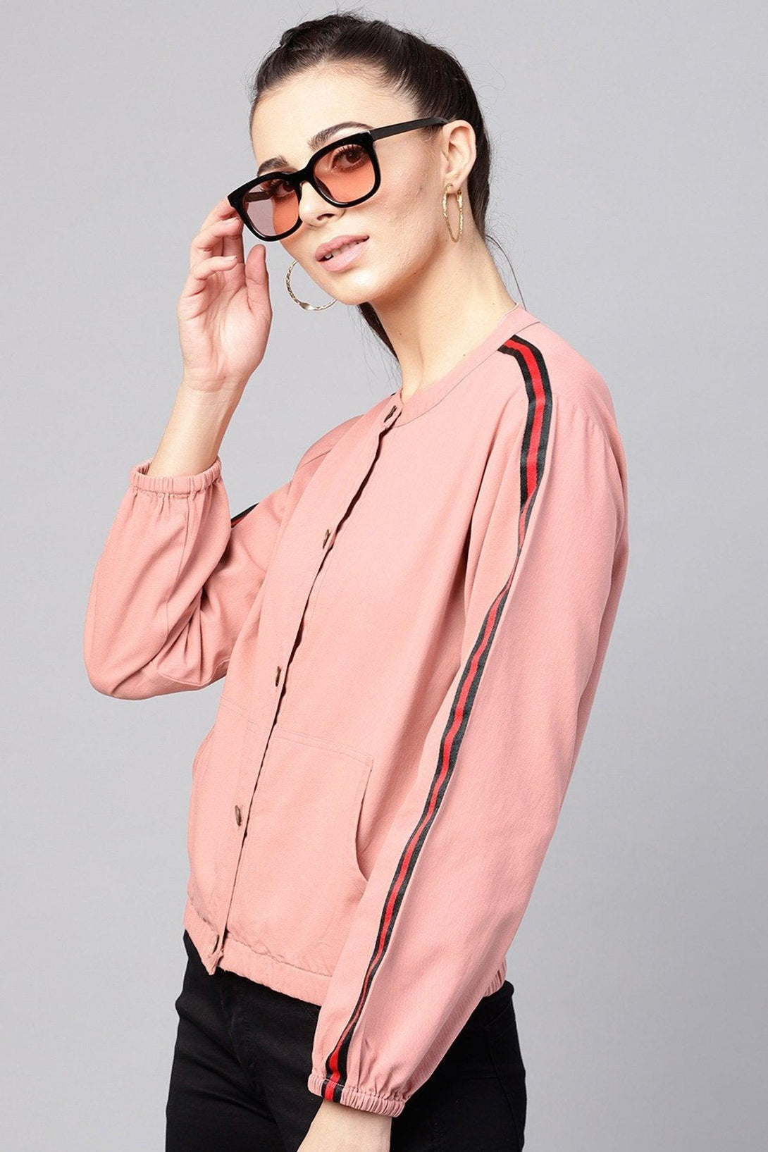 Women's Pink Denim Bomber Sleeve Tape Jacket - SASSAFRAS - Indiakreations