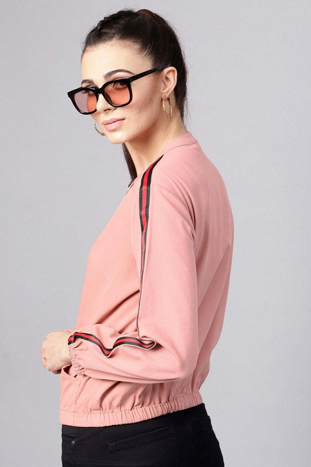 Women's Pink Denim Bomber Sleeve Tape Jacket - SASSAFRAS - Indiakreations