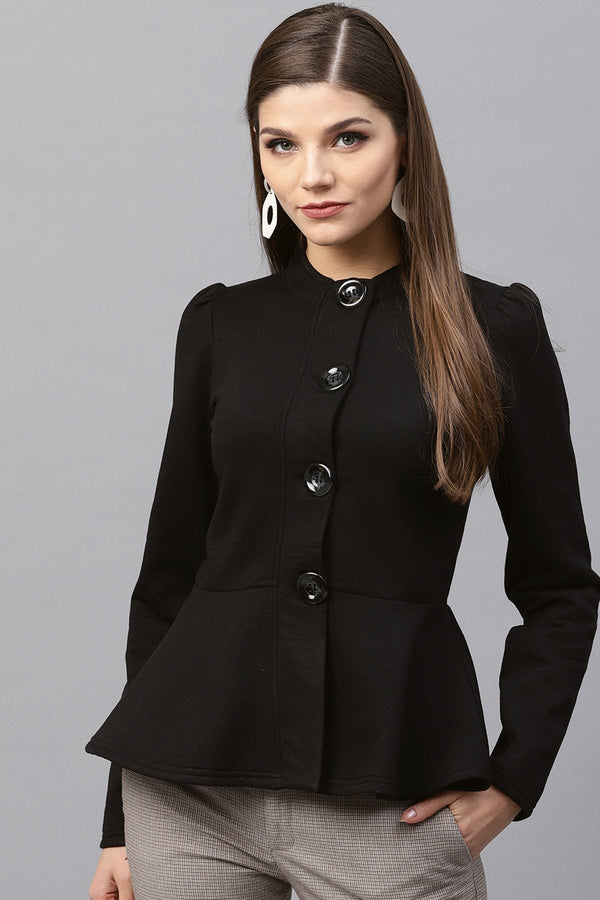 Women's Black Fleece Peplum Jacket - SASSAFRAS