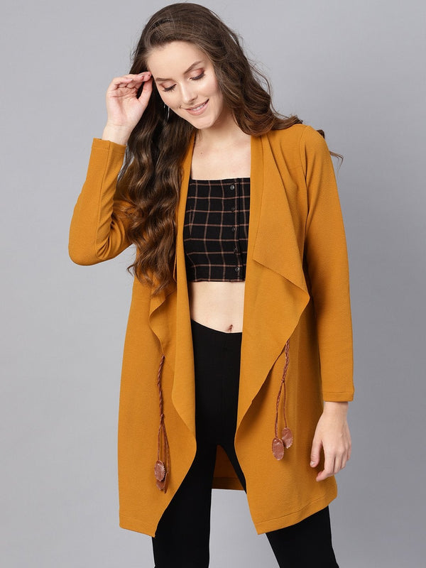 Women's Mustard Waterfall Shrug With Pu Tie Belt - SASSAFRAS