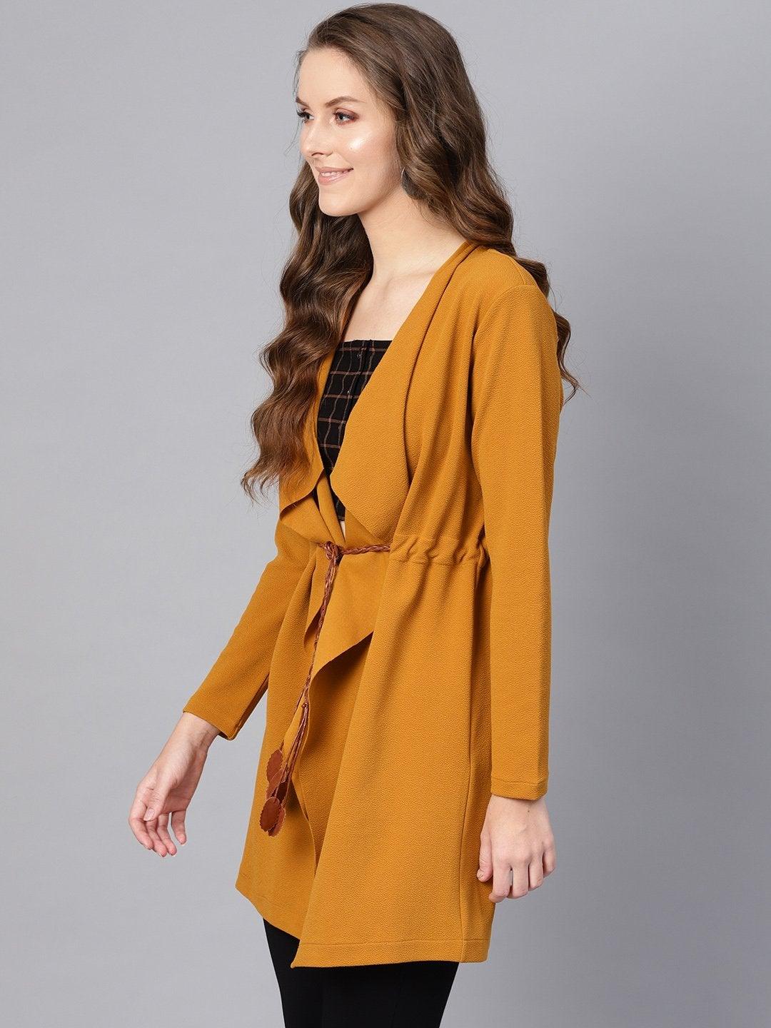 Women's Mustard Waterfall Shrug With Pu Tie Belt - SASSAFRAS - Indiakreations