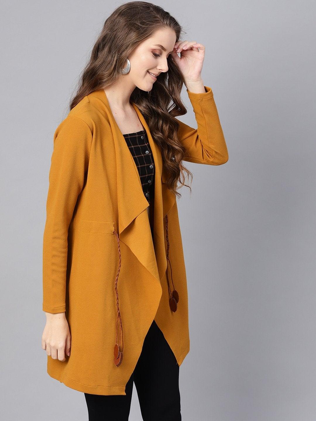 Women's Mustard Waterfall Shrug With Pu Tie Belt - SASSAFRAS - Indiakreations