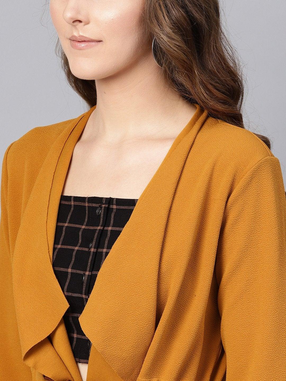 Women's Mustard Waterfall Shrug With Pu Tie Belt - SASSAFRAS - Indiakreations