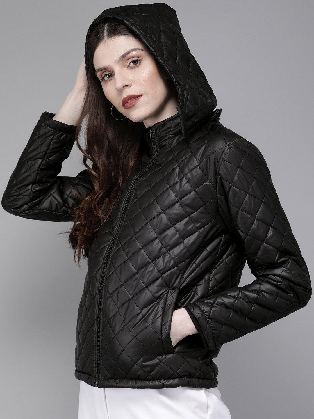 Women's Black Quilted Hooded Puffer Jacket - SASSAFRAS - Indiakreations