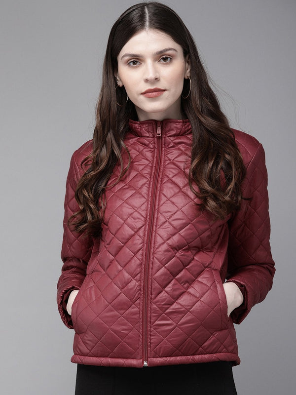 Women's Burgundy Quilted Hooded Puffer Jacket - SASSAFRAS