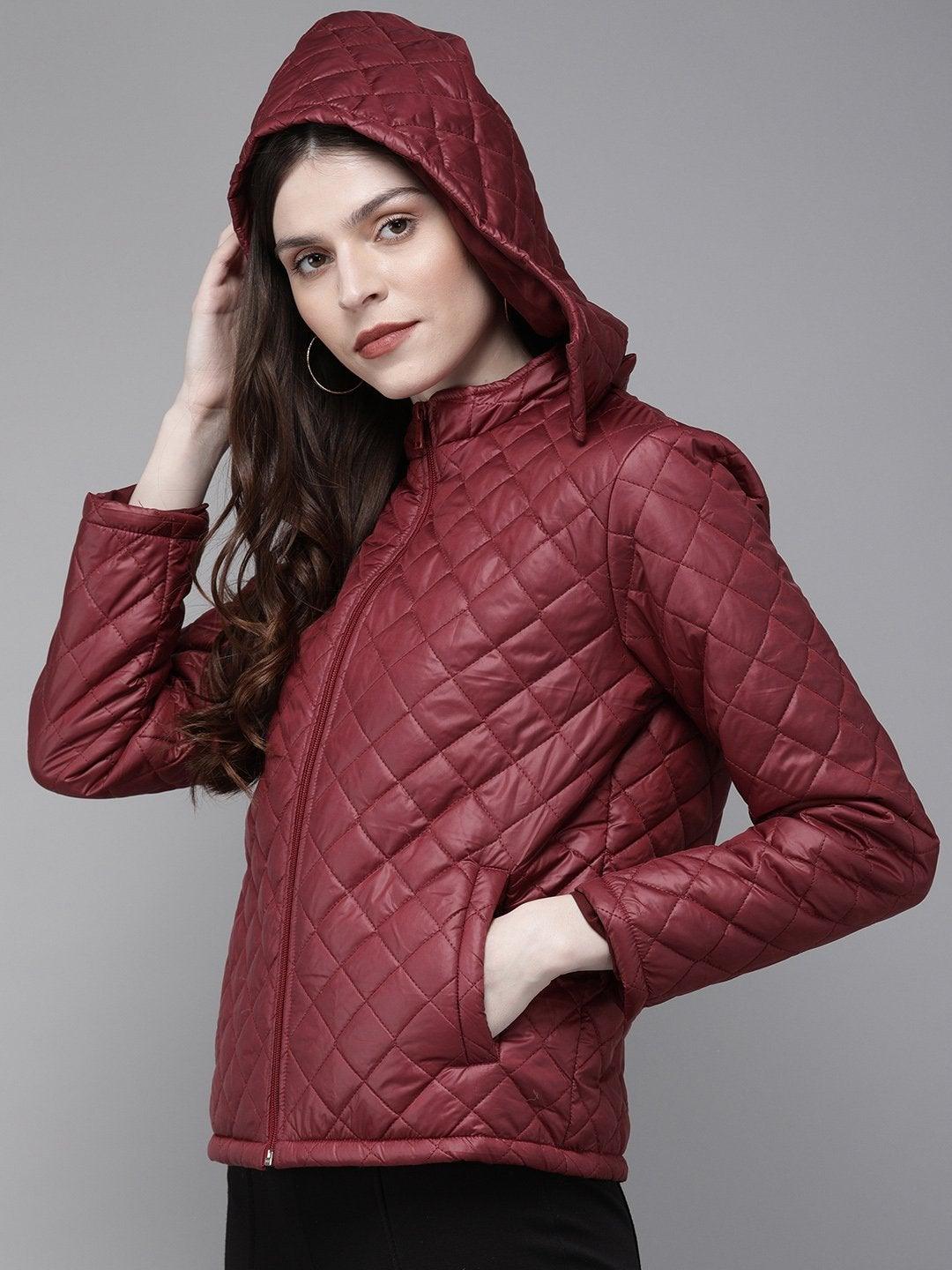 Women's Burgundy Quilted Hooded Puffer Jacket - SASSAFRAS - Indiakreations