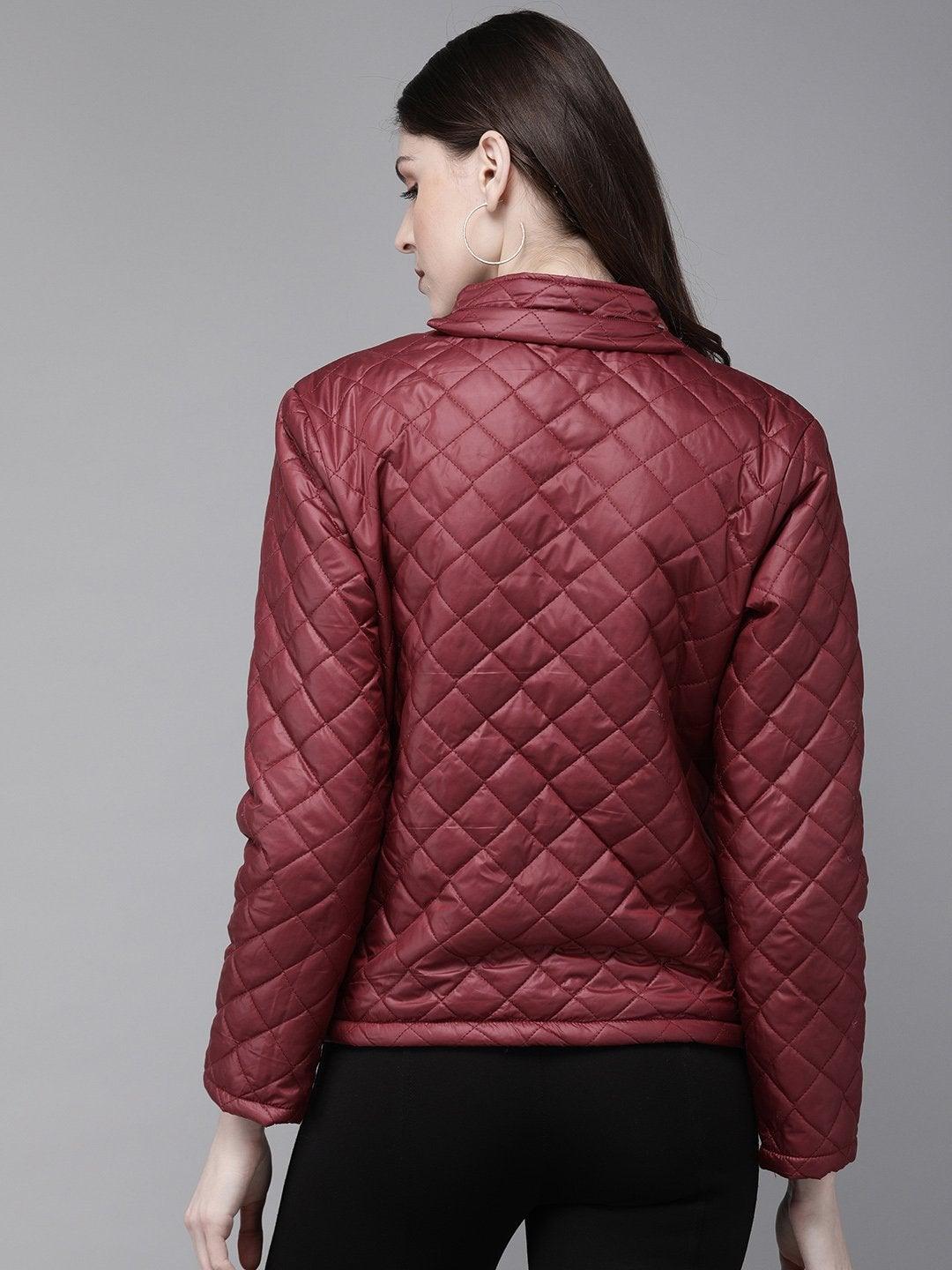 Women's Burgundy Quilted Hooded Puffer Jacket - SASSAFRAS - Indiakreations