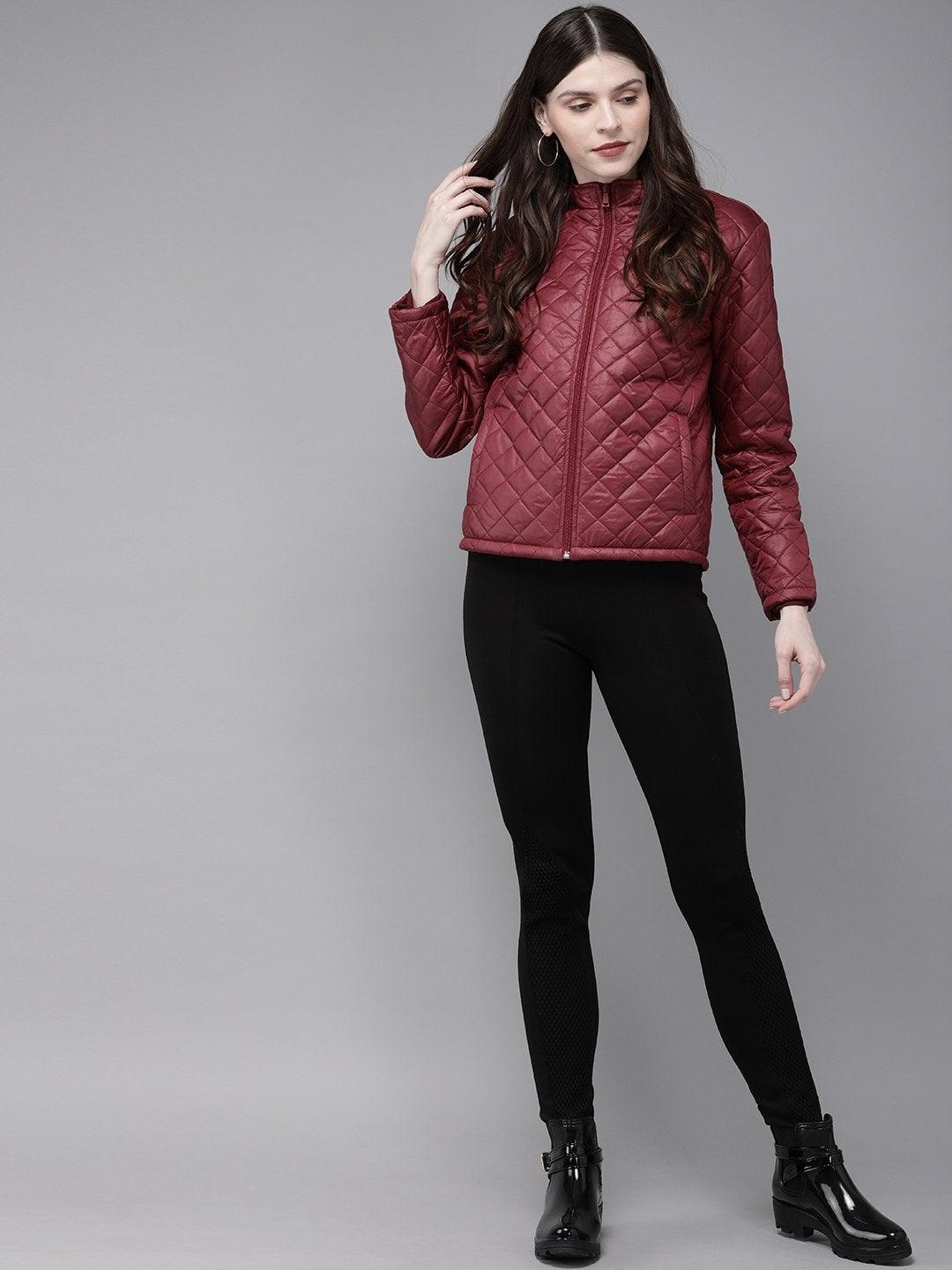 Women's Burgundy Quilted Hooded Puffer Jacket - SASSAFRAS - Indiakreations