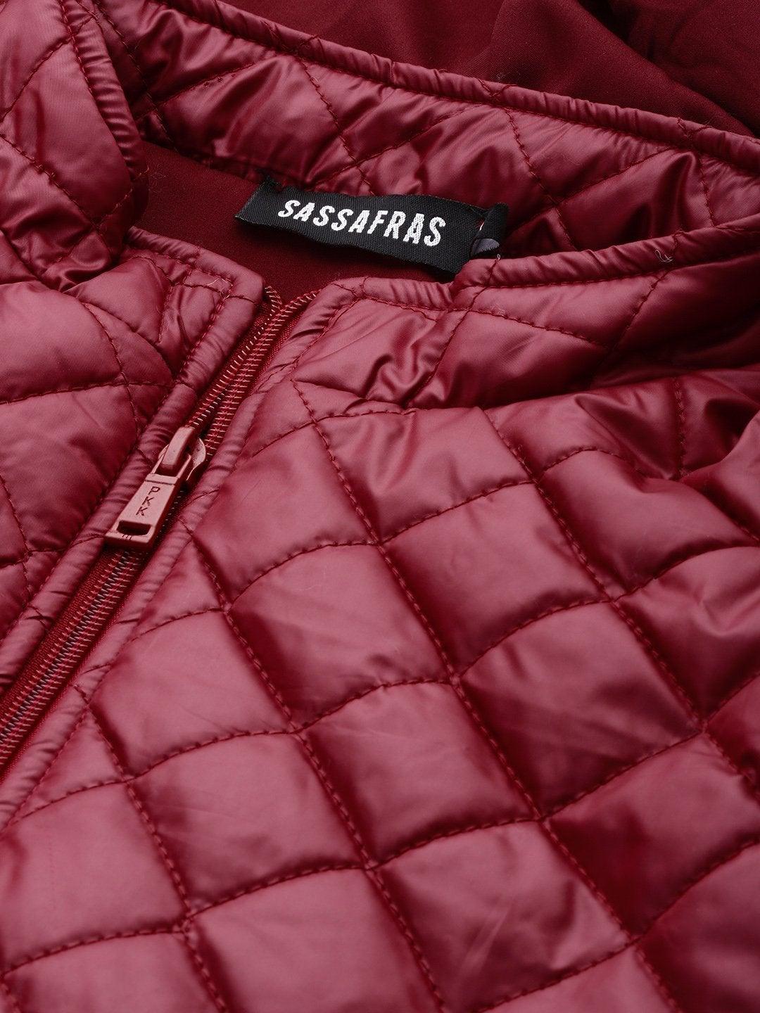 Women's Burgundy Quilted Hooded Puffer Jacket - SASSAFRAS - Indiakreations