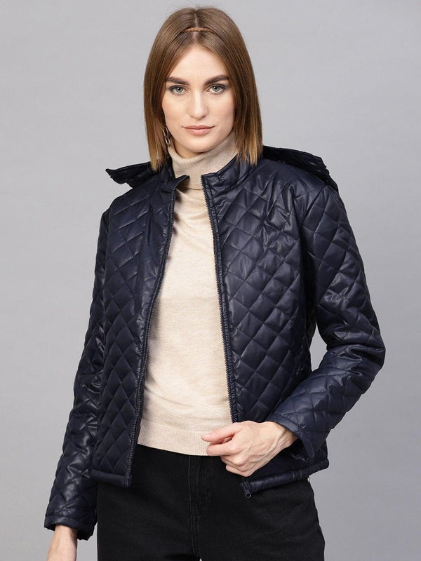 Women's Navy Quilted Hooded Puffer Jacket - SASSAFRAS - Indiakreations