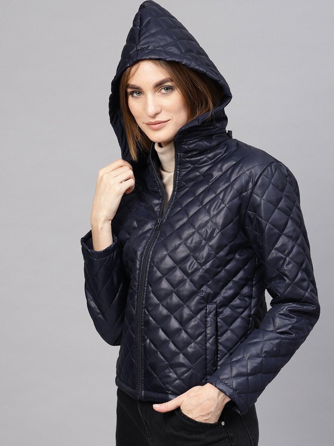 Women's Navy Quilted Hooded Puffer Jacket - SASSAFRAS - Indiakreations