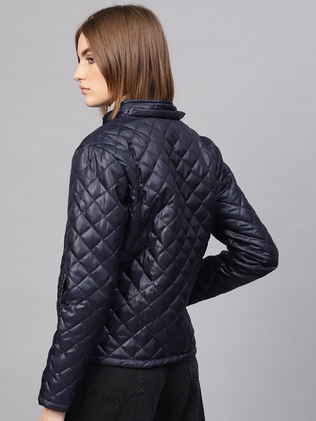 Women's Navy Quilted Hooded Puffer Jacket - SASSAFRAS - Indiakreations