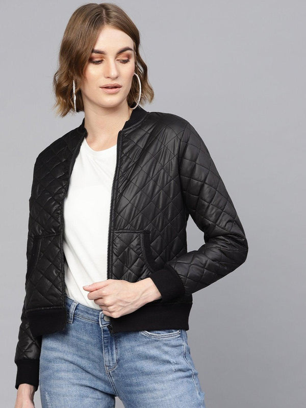 Women's Black Quilted Bomber Jacket - SASSAFRAS - Indiakreations