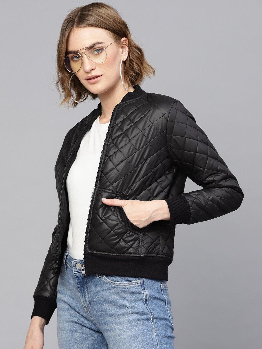 Women's Black Quilted Bomber Jacket - SASSAFRAS - Indiakreations