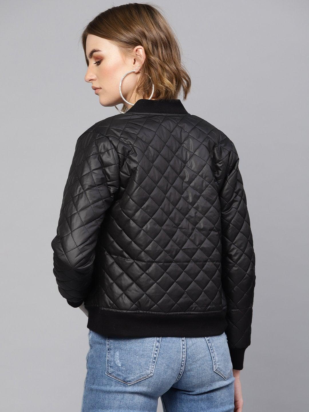 Women's Black Quilted Bomber Jacket - SASSAFRAS - Indiakreations