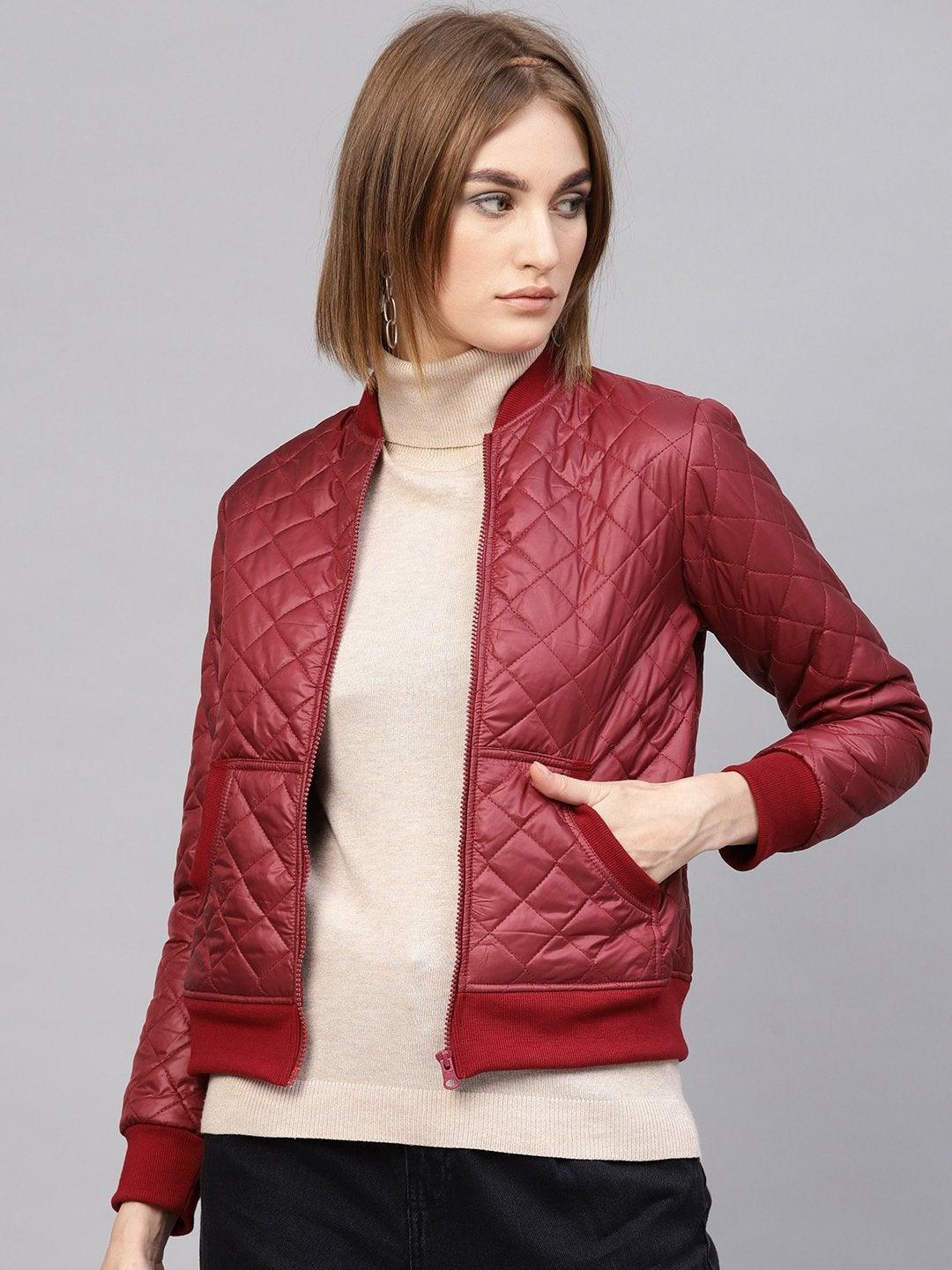 Women's Burgundy Quilted Bomber Jacket - SASSAFRAS - Indiakreations