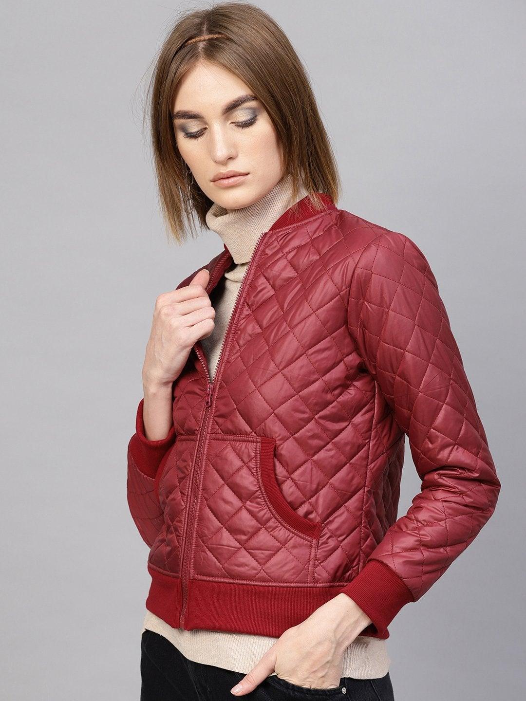 Women's Burgundy Quilted Bomber Jacket - SASSAFRAS - Indiakreations