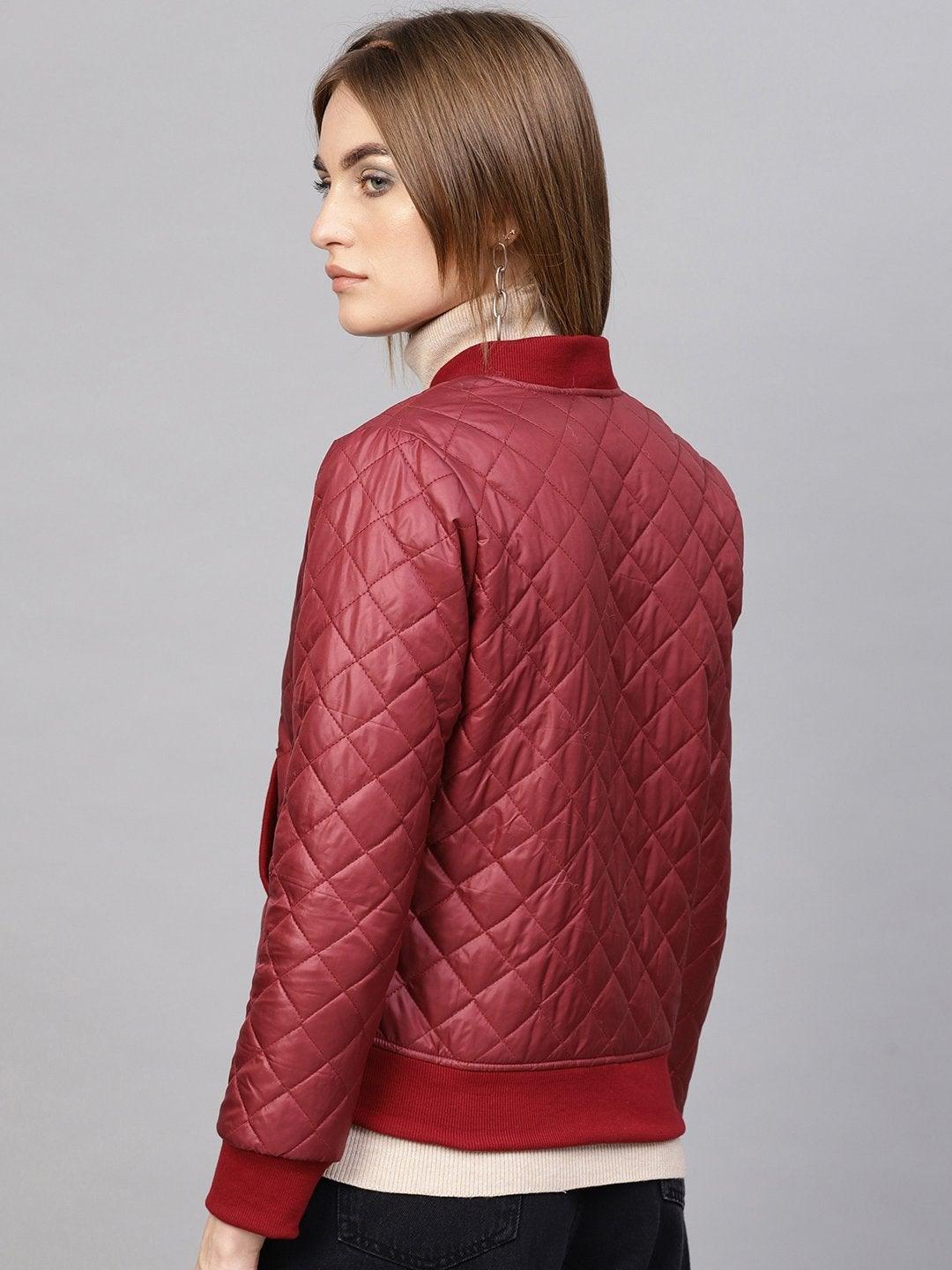 Women's Burgundy Quilted Bomber Jacket - SASSAFRAS - Indiakreations