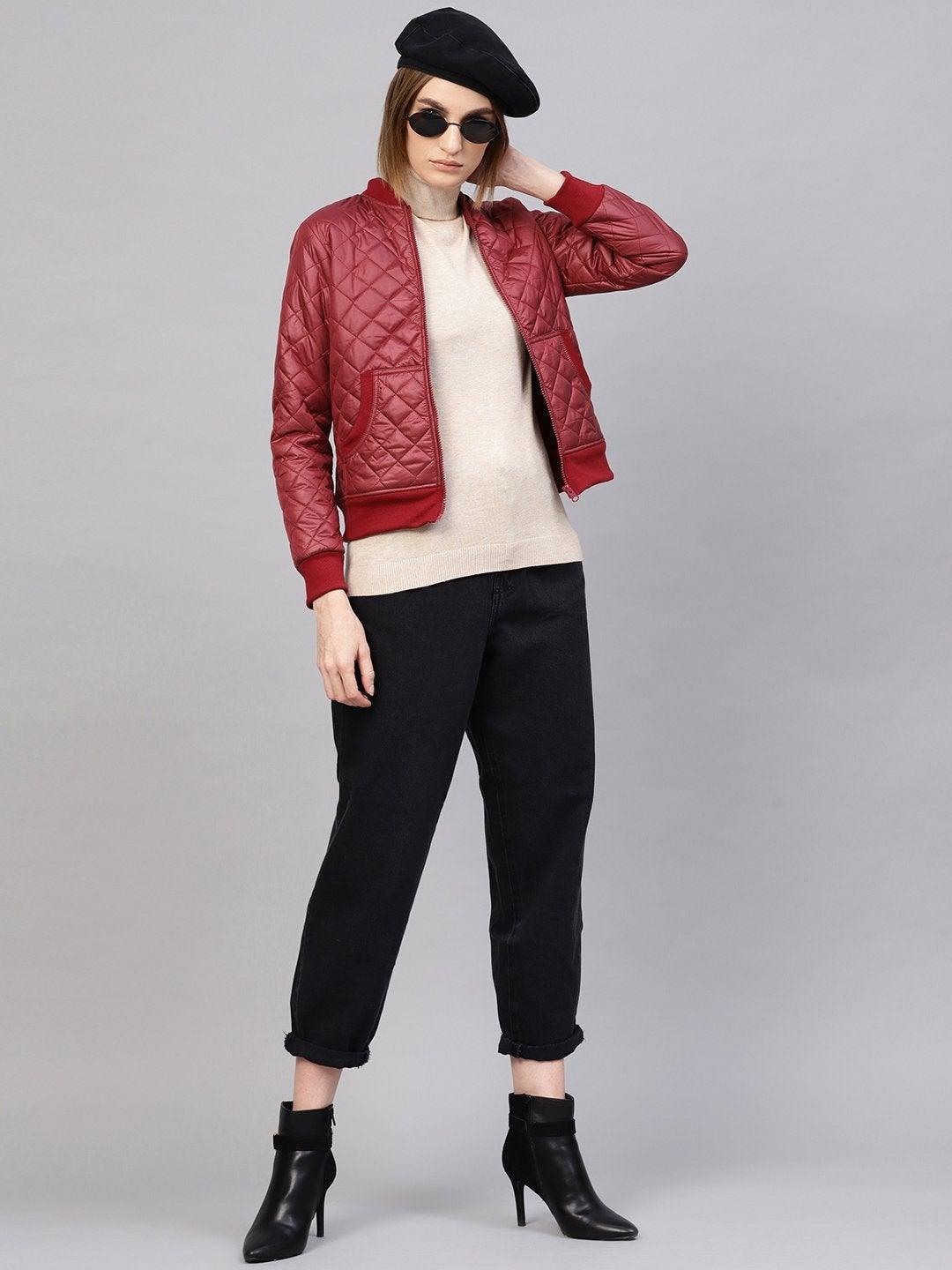 Women's Burgundy Quilted Bomber Jacket - SASSAFRAS - Indiakreations