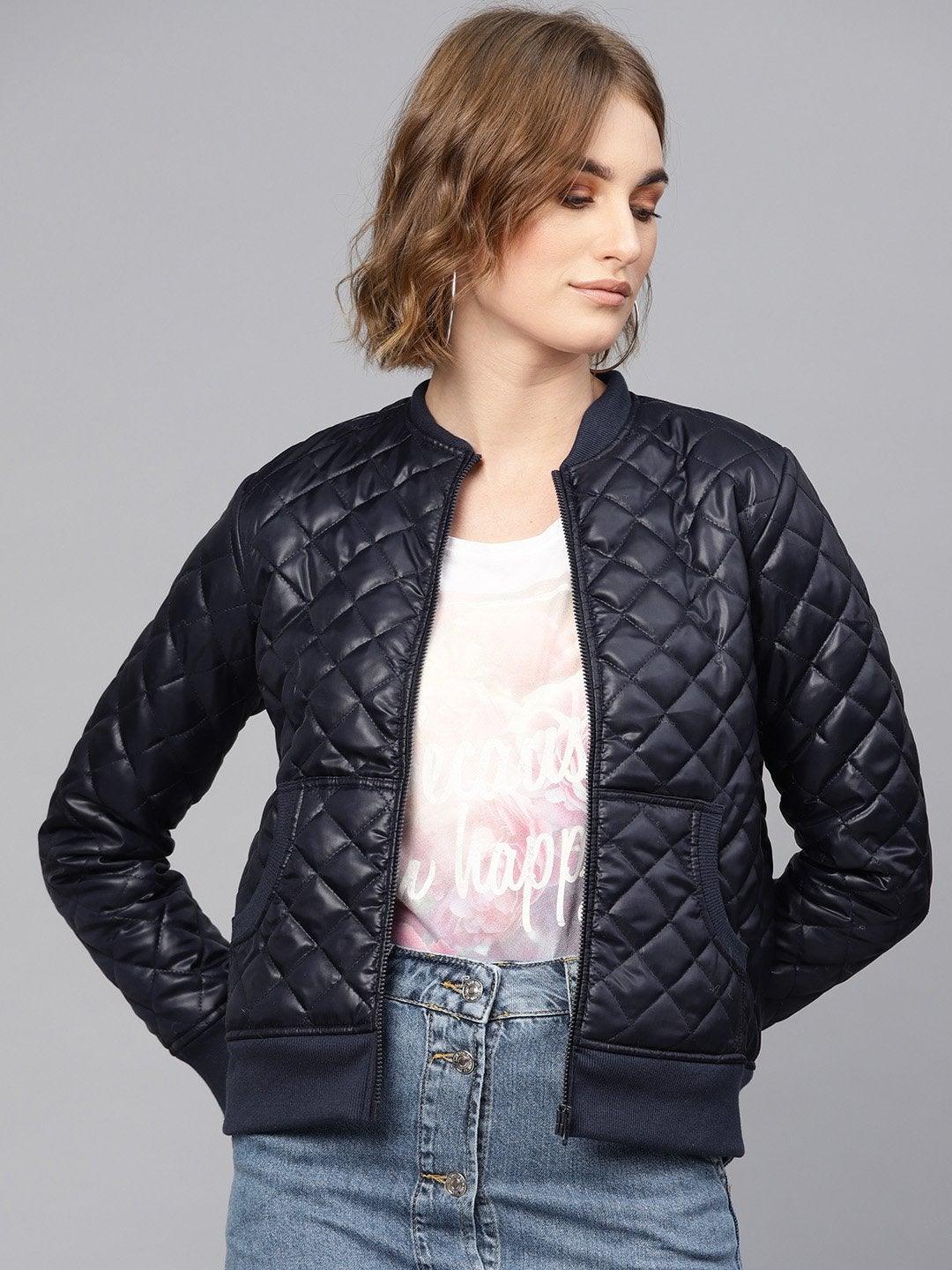 Women's Navy Quilted Bomber Jacket - SASSAFRAS - Indiakreations