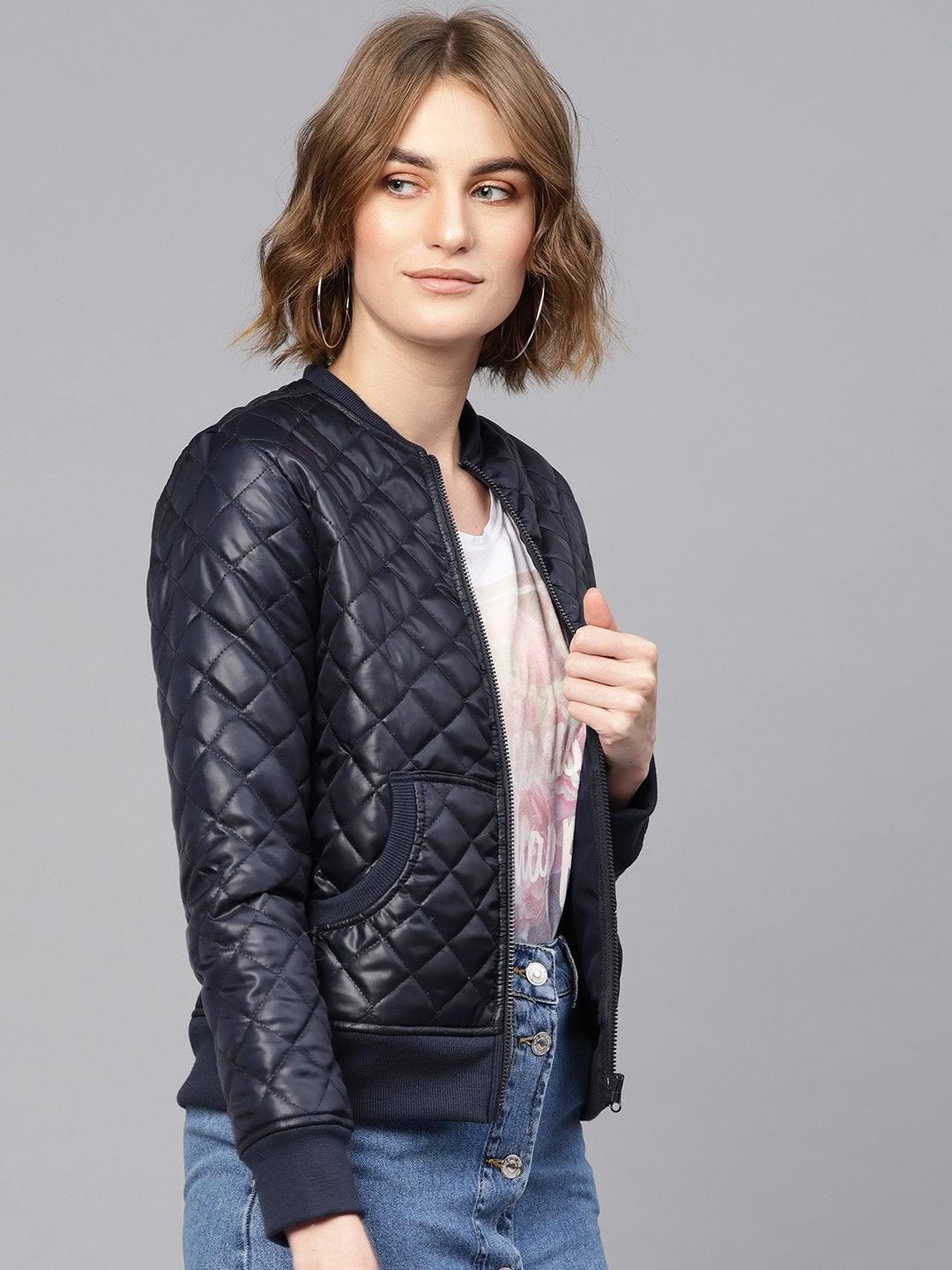 Women's Navy Quilted Bomber Jacket - SASSAFRAS - Indiakreations