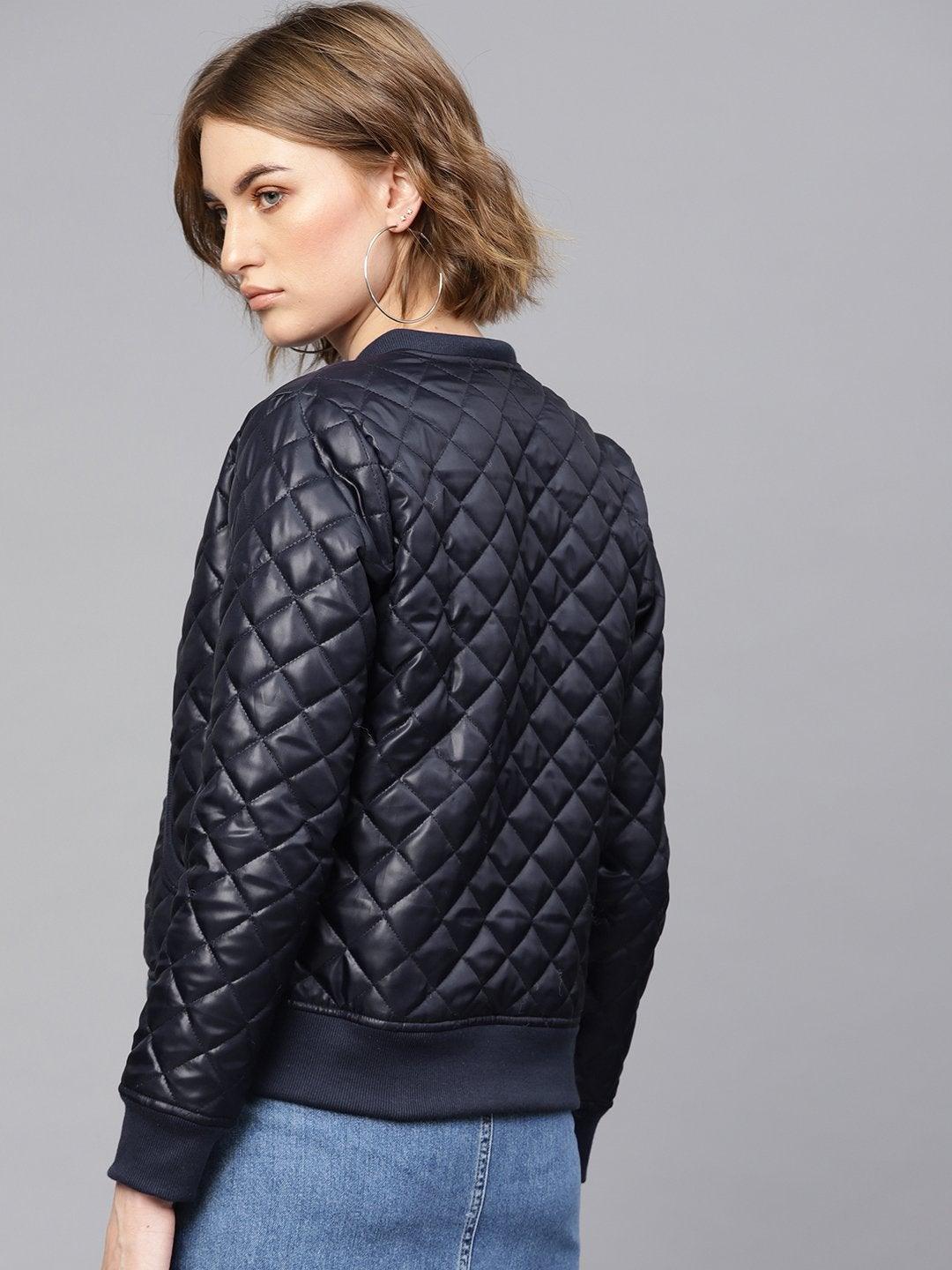 Women's Navy Quilted Bomber Jacket - SASSAFRAS - Indiakreations